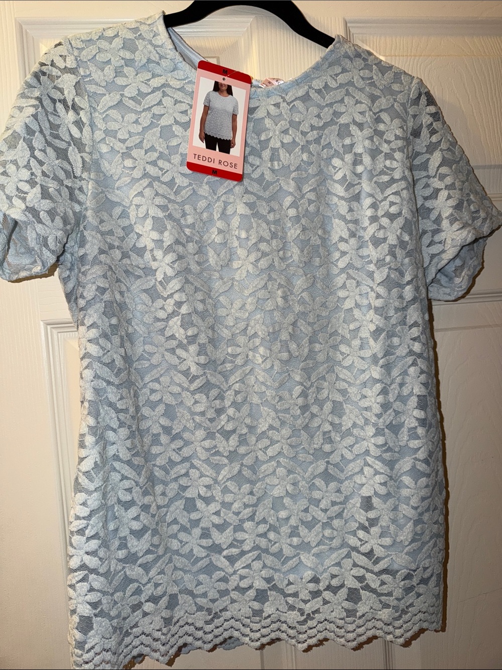 TEDDI ROSE Light Blue Lace Short Sleeve Top